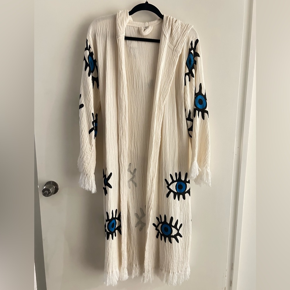 White Long Cardigan with Blue Eye Design